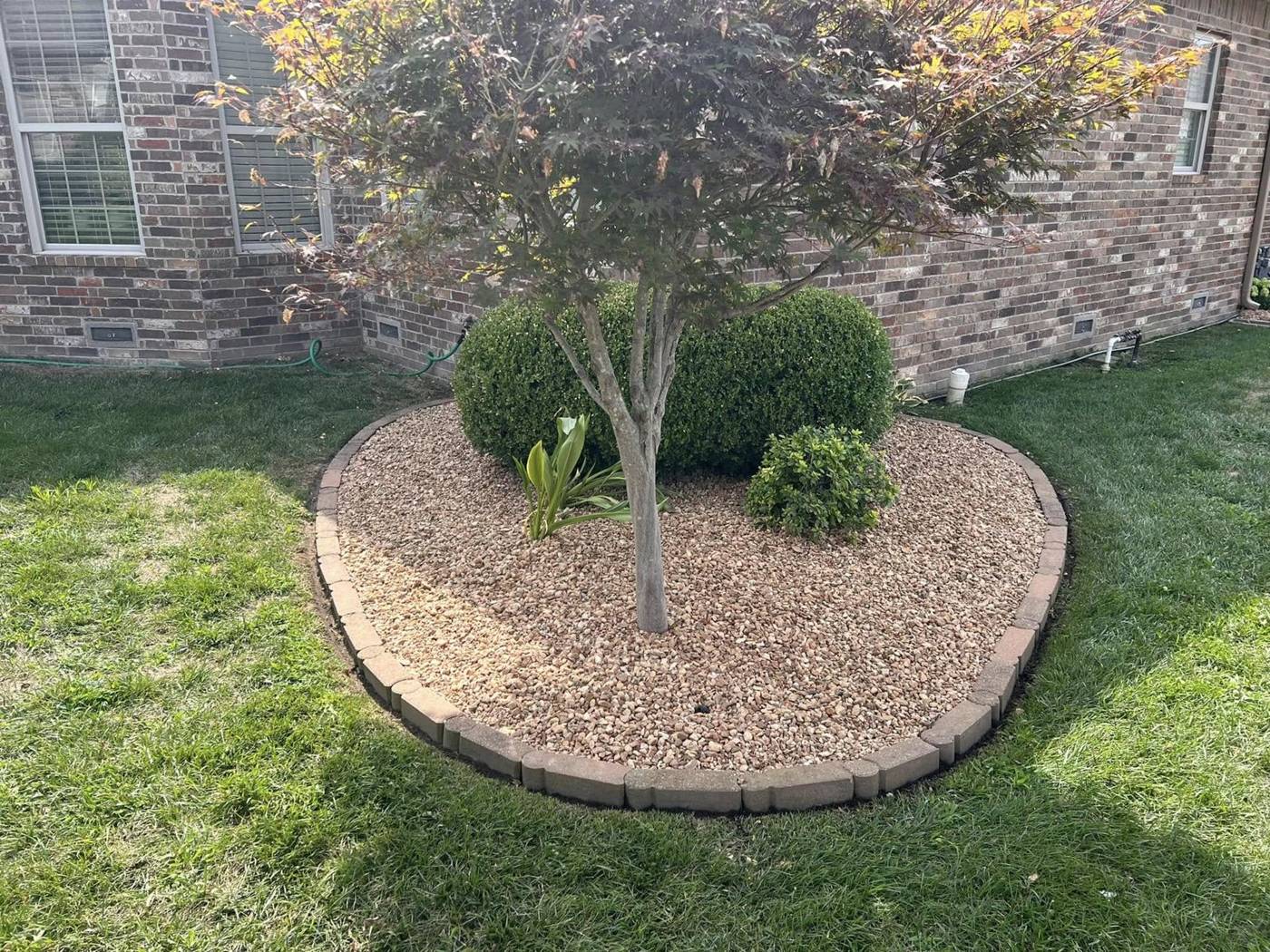 Curved landscape bed with block edging around a small tree