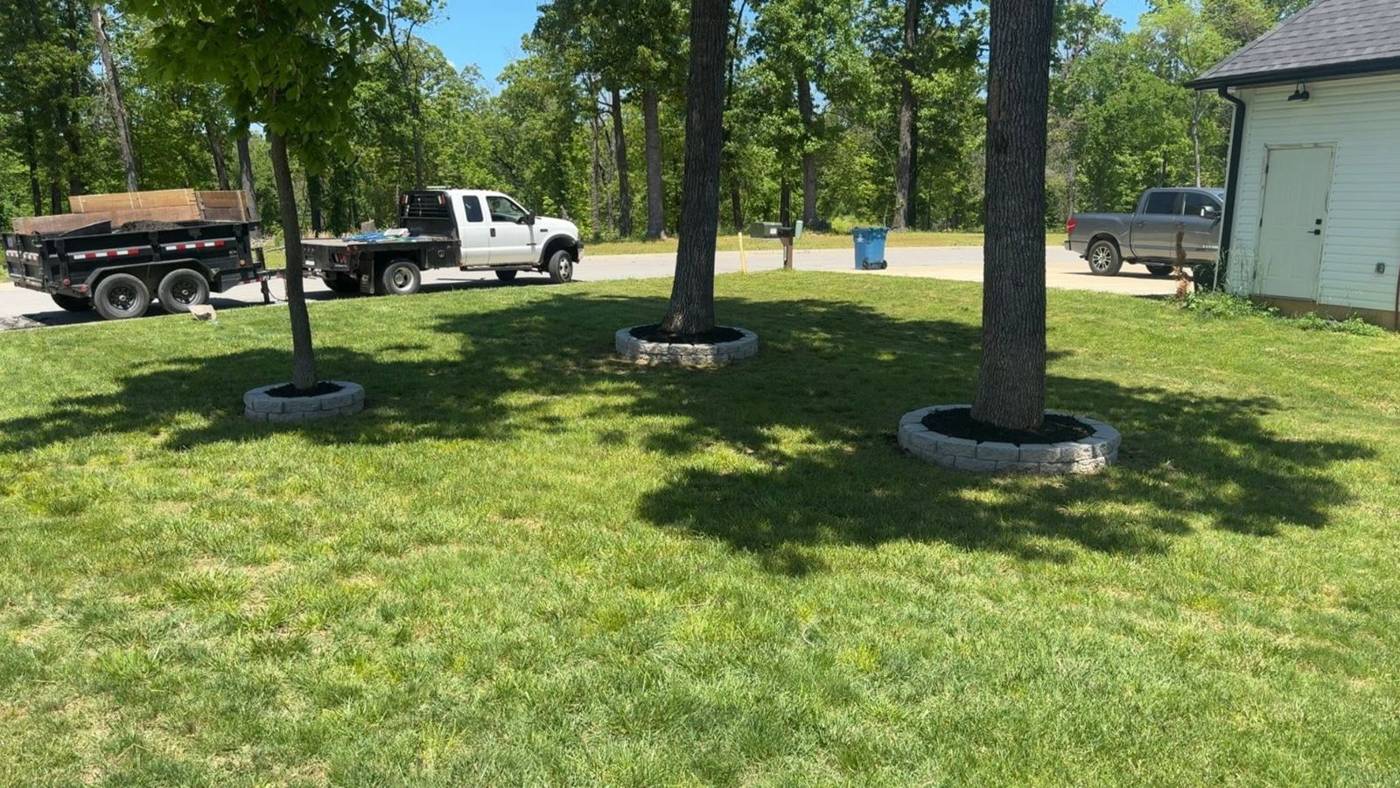 Stone tree rings with black mulch in a front yard